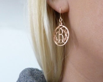 Initial earrings Monogram dangle earrings. Rose gold monogram earrings. 0.8" monogram earrings. Personalized earrings. Monogram jewelry.