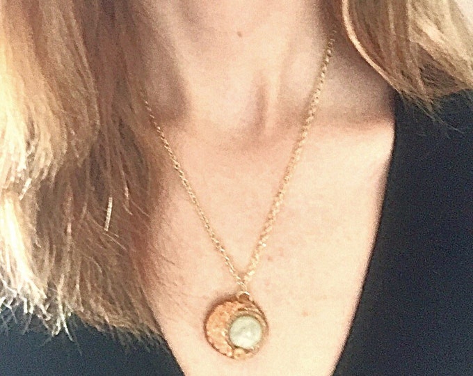 Blue Moon Serpentine Jasper Bronze and Gold Pendant Necklace on Gold Chain, Full Moon Gemstone Crystal Dainty Boho Jewlery, Jade