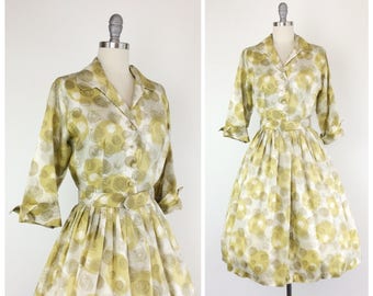 50s Gold Dot Print Dress / 1950s Vintage Long Sleeve Day Dress / Large / Size 10