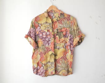 vintage fruit print oversized button down blouse 80s // M-L