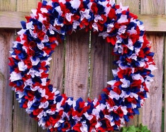 Medium Patriotic Rag Wreath, Fourth of July Rag Wreath, 4th of July Rag Wreath, Military Wreath, Flag Wreath