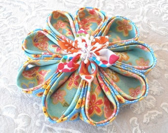 Large flower KANZASHI fabric Japanese turquoise/salmon