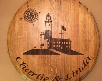 Montauk Lighthouse –custom engraved Wine Barrel Lazy Susan.