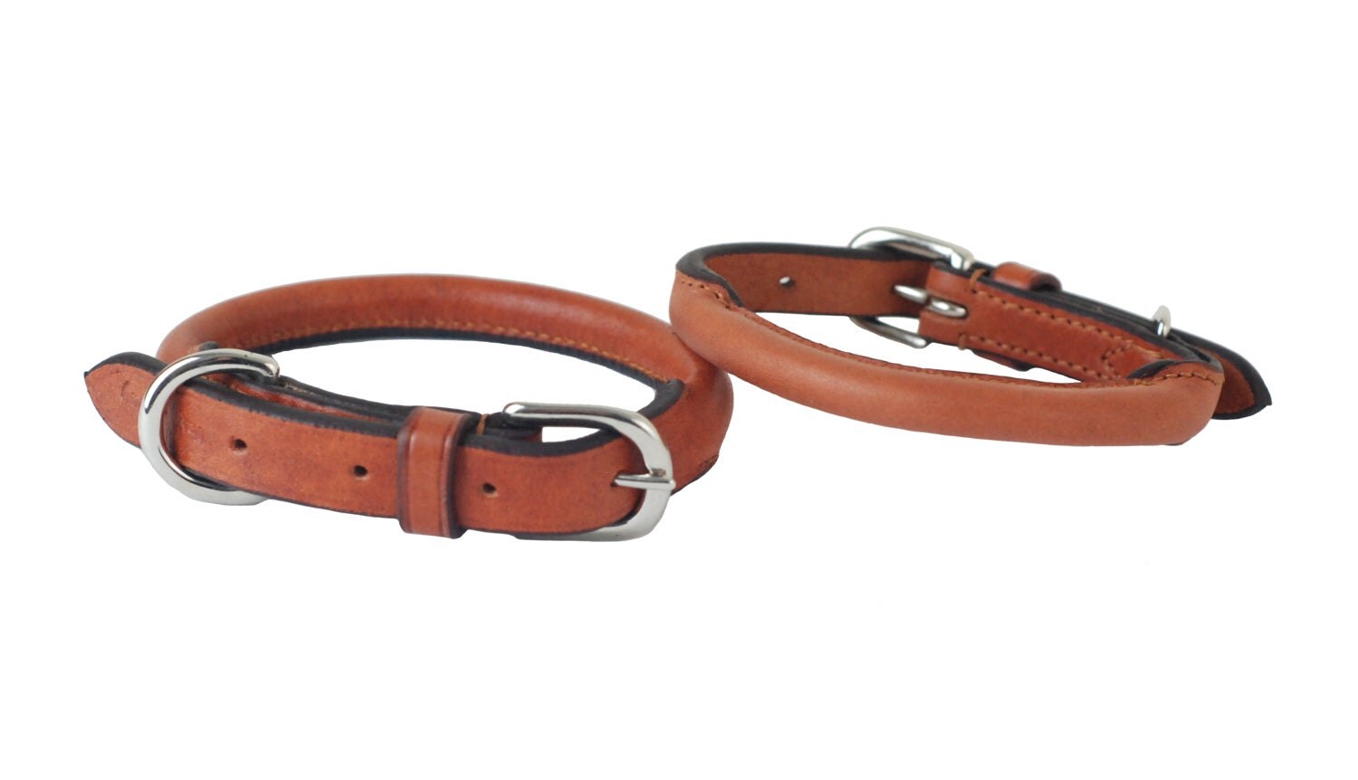 Handmade Rolled European Leather Dog Collar With Silver
