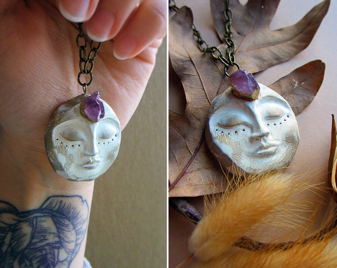Rustic necklace "Serene Goddess" with hand sculpted clay pendant and Amethyst cluster in the third eye. Custom chain.