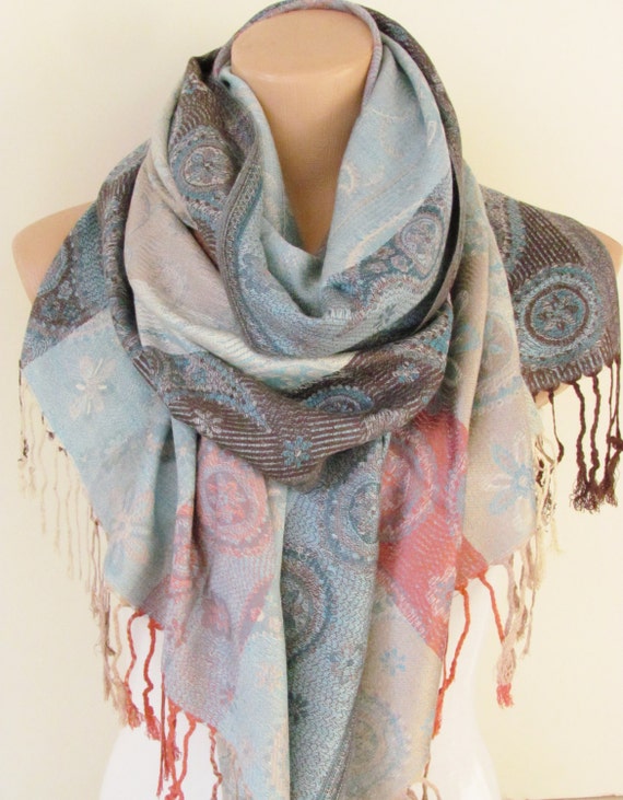 Aqua Blue Brown Pashmina Scarf Oversize Scarf Fall Winter