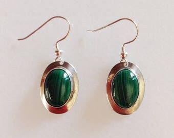 Navajo Malachite Native American Sterling Silver Dangle Earrings