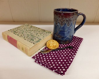 Extra Large Blue Cat Mug, Hand Built Ceramic Pottery Mug
