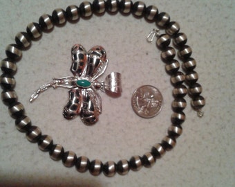 NAVAJO INDIAN DRAGONFLY Pendant + Navajo Pearl Necklace Handmade Native American Indian A. Mariano, Turquoise, Sterling Silver, #m1