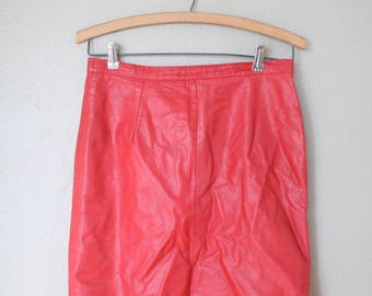 vintage red leather mid length skirt 28