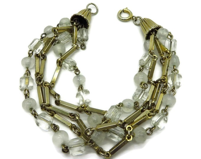 Vintage Beads and Links Bracelet, Clear, Opaque and Goldtone Multistrand Bracelet