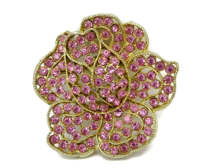 WEISS Pink Rose Rhinestone Gold Tone Flower Brooch, Vintage Pin