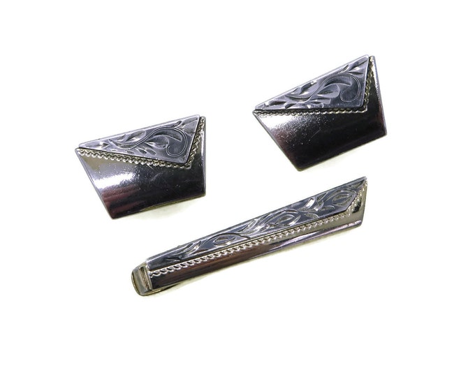 Vintage Anson Cufflinks Tie Clip Set, Two Tone Men's Jewelry Set