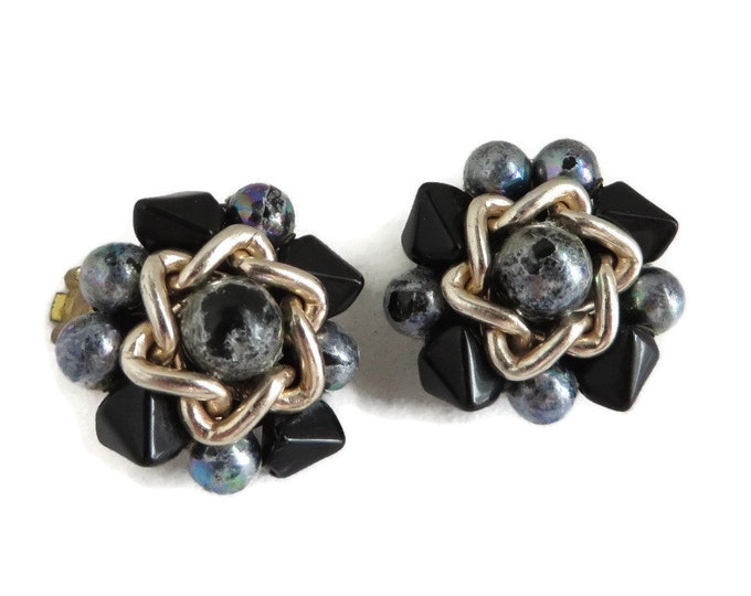 Vintage Japan Blue Cluster Bead Clip-on Earrings