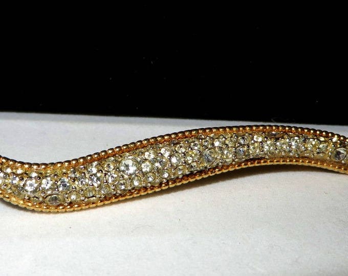 Hattie Carnegie Rhinestone Gold Tone Vintage Curved Bar Brooch