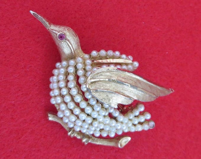 Vintage Brooch, Faux Pearl Bird Brooch, Signed Kramer Jewelry, Figural Brooch, 1950s Jewelry, Gift Idea, Gift Boxed