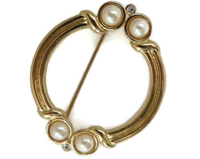 Monet Circle Brooch - Vintage Gold Tone Faux Pearl, Rhinestone Pin, Designer Signed, Gift for Her, Gift Boxed