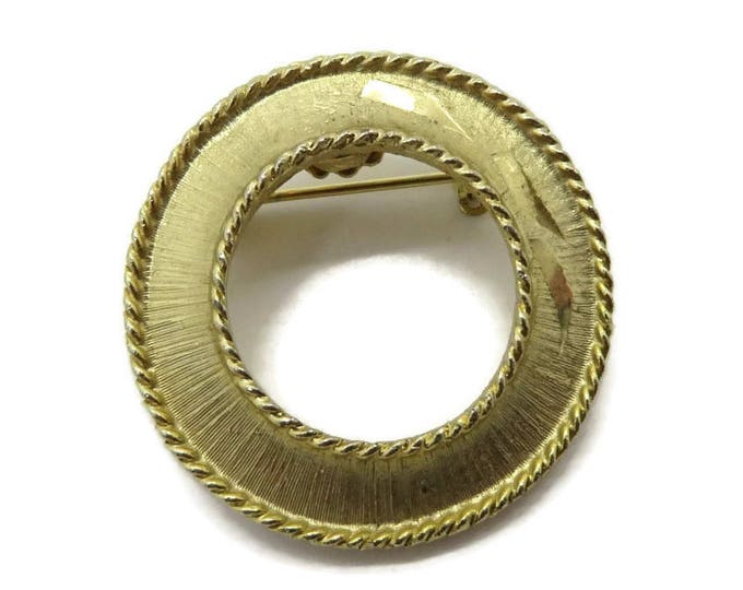 Mamselle Circle Brooch Vintage Gold Tone Matte Etched Pin Signed Designer Costume Jewelry