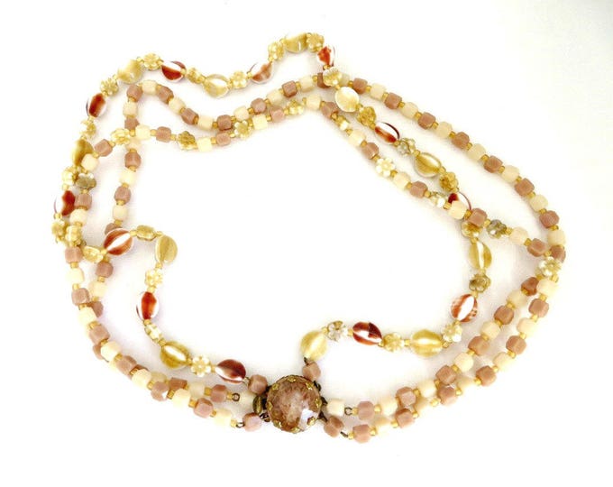 Triple Strand Necklace - Vintage Cream Bead Glass Necklace, Gift for Her, Gift Box