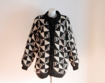 Pull Fait Main WILKER WORKS En Laine Shetland - Écosse - Taille L, Motif Losanges Gris - Occasion Très Bon état