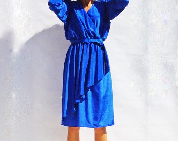 Cobalt Blue Dress, Vintage 1980s Blue Wrap Dress, Belted Dress, Dress With Sleeves, Peplum Dress, Day Dress, 80s Dress, Secretary Dress, 80s