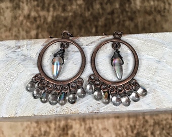 Chandelier earrings copper - bohemian copper jewelry - raindrops rainbows aurora borealis drops