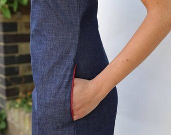 Short Sleeve Jumpsuit /Rompers made in Handmade DENIM Cotton with Pockets and RED Piping