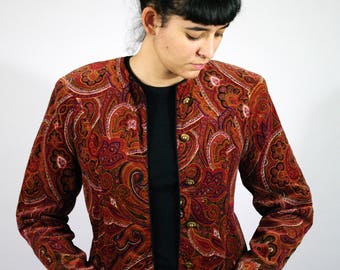 Vintage 80s Baroque Patterned Jacket Fitted Blazer Classic Shoulder Pad Red Orange Gold Buttons Women Womens M Medium