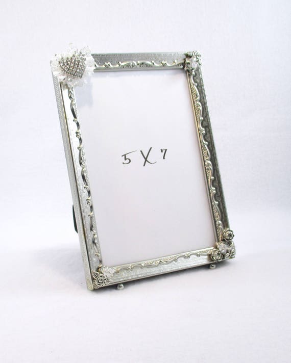  Vintage  Silver  5 X 7 Photo Frame Crystal Rhinestone 