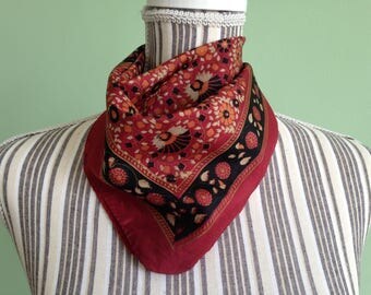 Square Neckerchief, Pure Silk Scarf, Brick Red Vintage Kerchief, Floral Neckerchief, Black Orange Tan Unisex Neckerchief, Womens Small Scarf