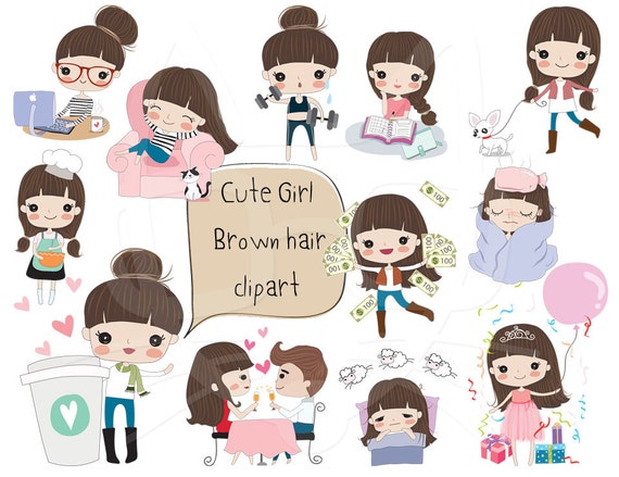 Brown hair girl clipart girl stickers set 2 clipart instant