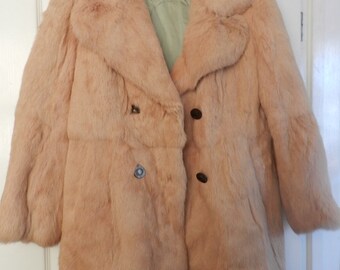 French Vintage Fur-Genuine Rabbit Fur Coat- French Fashion - Ivory Strawberry Colour - Hint of Pink - Long Sleeves - Size 46 -
