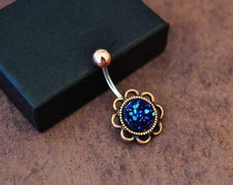 Blue Druzy Belly Button Ring 3 Sizes, Rose Gold Belly Ring, Short Bar Belly Button Ring Boho Vintage Belly Button Ring, 14G Surgical Steel