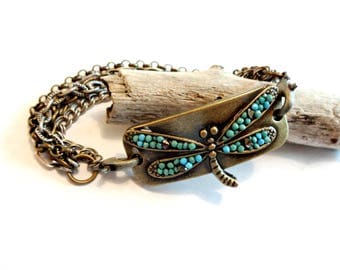 Dragonfly Jewelry, Dragonfly Bracelet, Turquoise Dragonfly Bracelet, Brass Boho Multi Strand Chain Bracelet, Cool Jewelry, Remembrance Gift