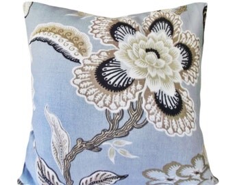 Schumacher Hothouse Flowers Mineral Decorative Pillow Cover - Celerie Kemble - Solid Linen Back - 12x20, 14x24, 16x16, 18x18, 20x20, 22x22