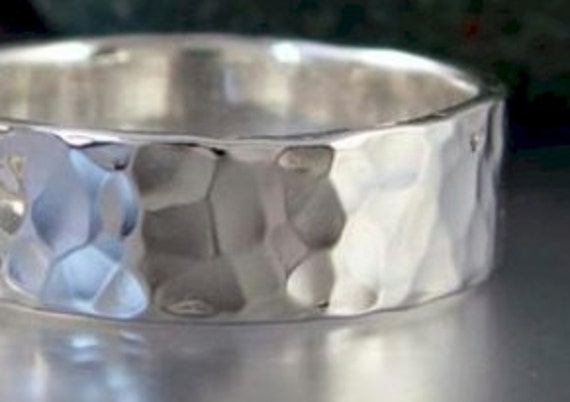 Silver Hand Hammered 8mm wide Wedding Ring Woman Men Stainless Steel - Saint Michaels Jewelry