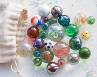 Colorful Glass Marbles in linen Pouch - Set of 26