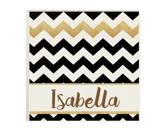 Christmas Gift for Teen Girl - Chevron Black & Gold Personalized Wood Sign