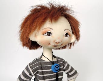 Boy Rag Doll-textile doll-doll boy-handmade rag doll-handmade cloth doll-fabric doll-ooak art doll-artist doll- collectors doll