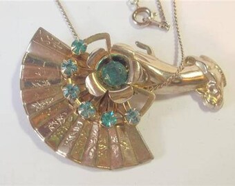Woman's Hand With Fan and Rhinestones Vintage Pendant Necklace