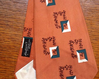 Vintage 1950s 50s American tan brown green white rockabilly wide neck tie mid century patterned squares