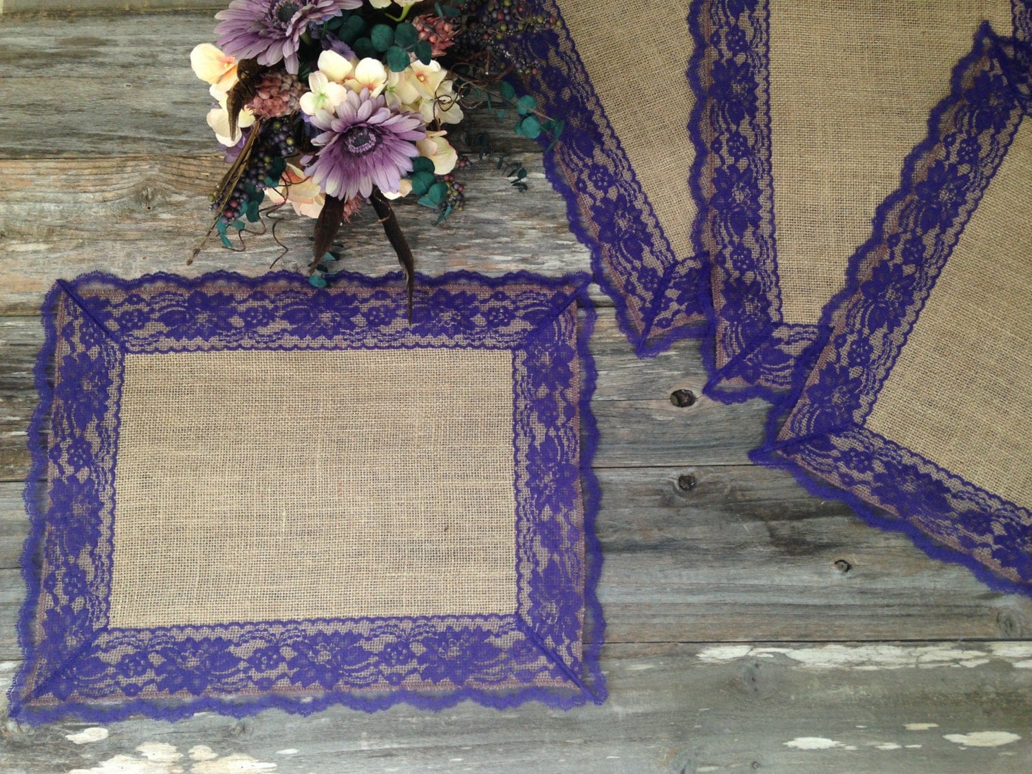 Rustic Placemats Burlap and DARK PURPLE Lace Wedding