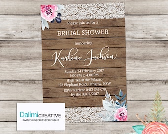 Bridal Shower Invitation - Floral Shower Invitation - Wood and Lace Invitation - Printable Invitation - Hens Party - Rustic Invitation!
