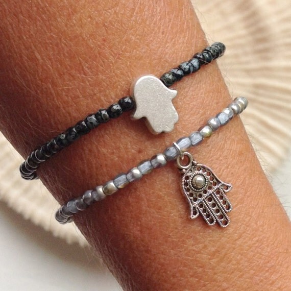 Hamsa charm bracelet Dark gray anthracite beaded bracelet