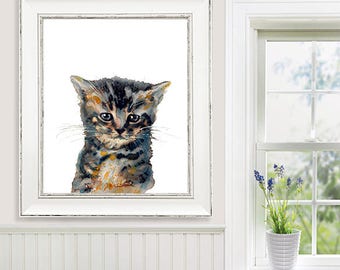 Watercolor painting cat art print, kitten print cat nursery animal baby cat print - R40