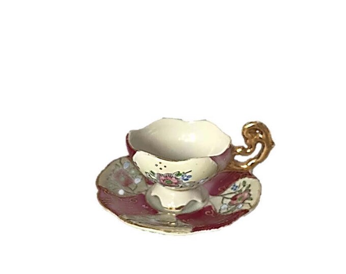 Cup Demitasse Teacup Espresso Cup with Saucer HB China Rose Red with Roses and Gold Trim | MidCentury Bone China