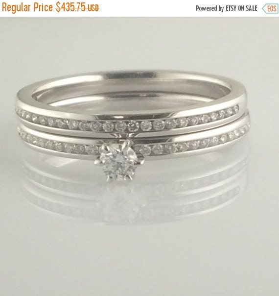 SALE  Thin  Engagement  Ring  White Gold Set by 