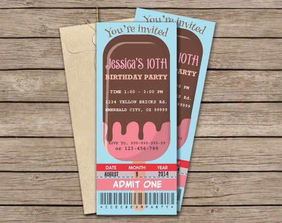 ice cream party invitation ticket printable instant download editable