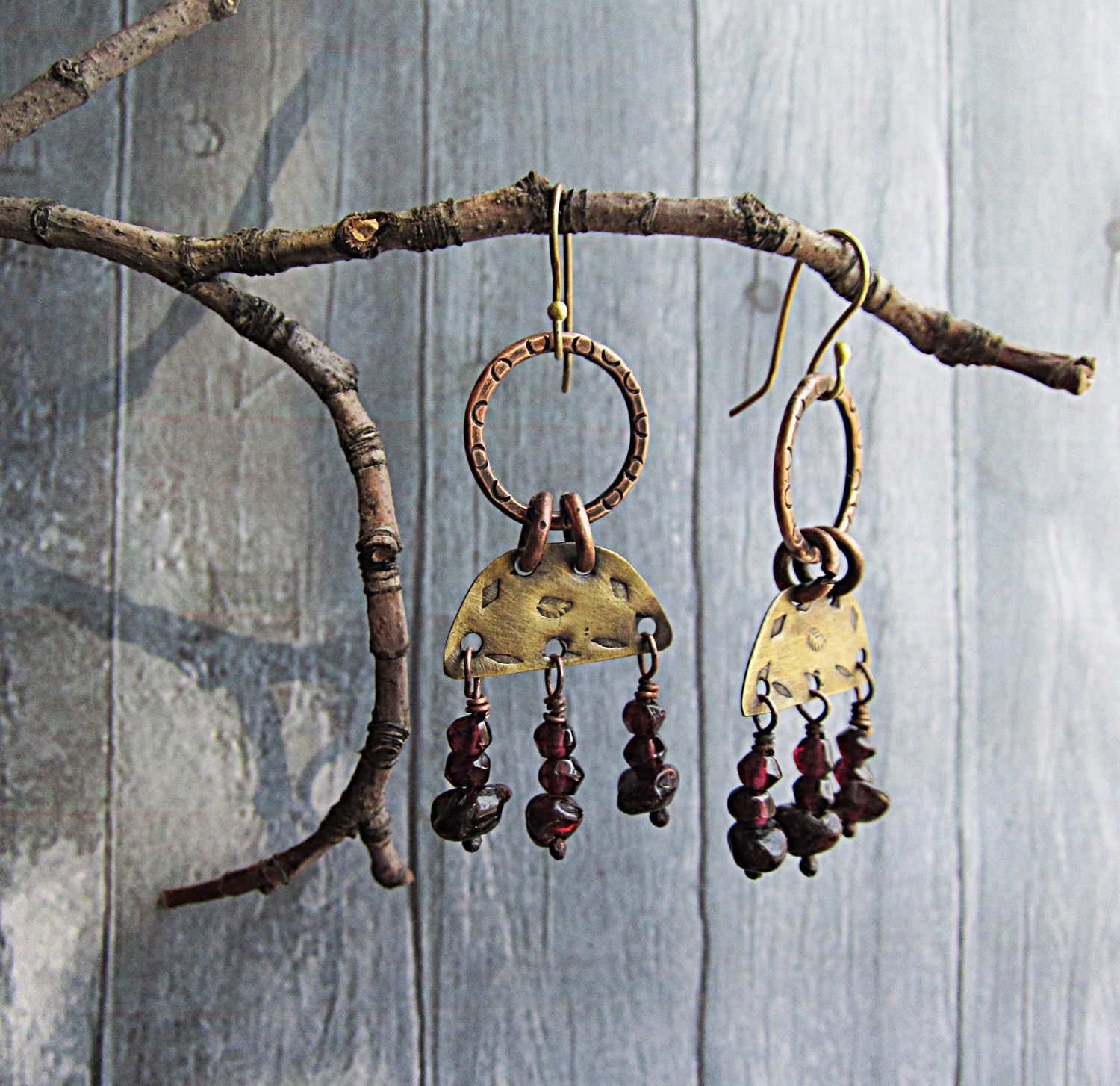 Mixed Metal Copper Brass Long Dangle Earrings Textured