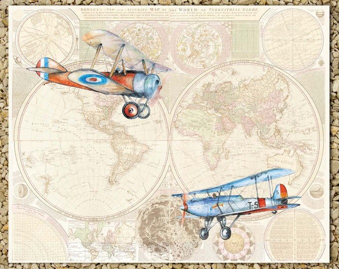 Airplanes and World's Map boys nursery decor Aviation large print Vintage propeller airplane art Gift for pilot Transportation painting